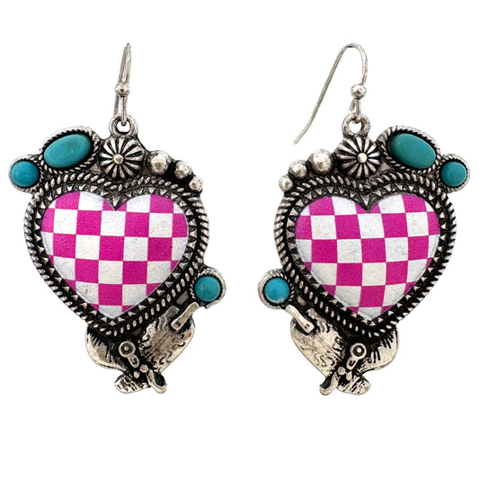 Checkered Print Western Heart Earrings